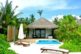 bungalow surrounded by palm trees in the Maldives