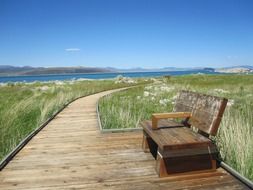 a bench stands on a boardwalk