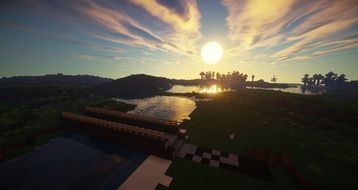 panorama of the bridge across the river in the game minecraft