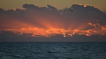 sunrise behind orange clouds over the ocean