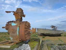 rusted motor on beach, uk, england, romney marsh