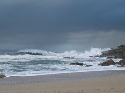 seashore in bad weather, stormy sea and cloudy sky