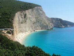 blue water and high cliffs on an island in Greece