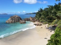 beach on beautiful coast, tropical paradise, seychelles, la digue