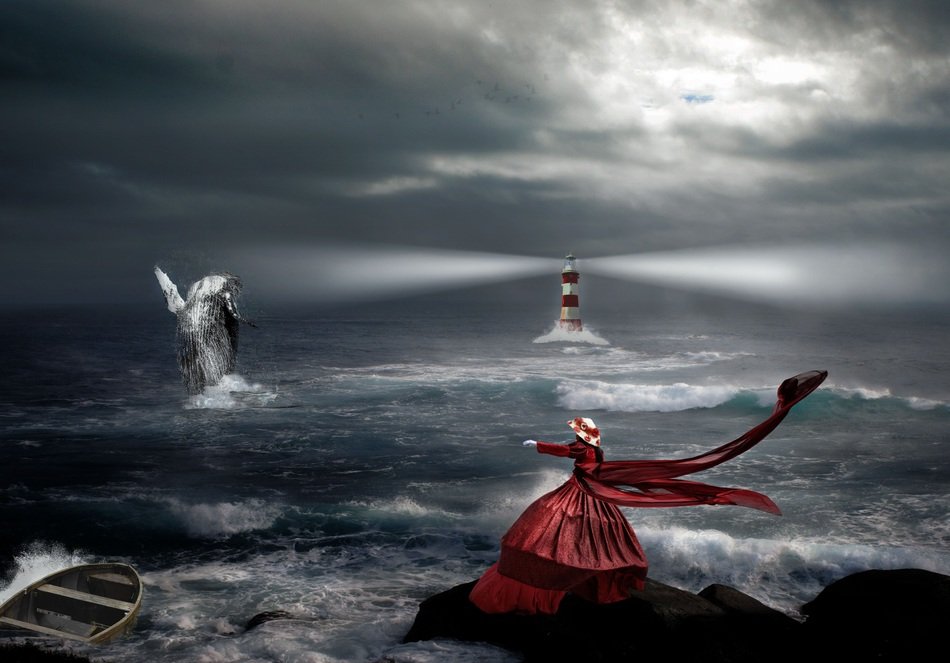 painting of the lady in red near the raging ocean