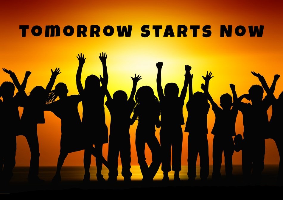 children silhouette and tomorrow starts now inscription