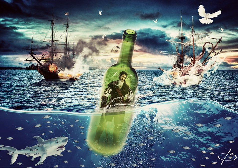 pirate bottle is floating in the open ocean