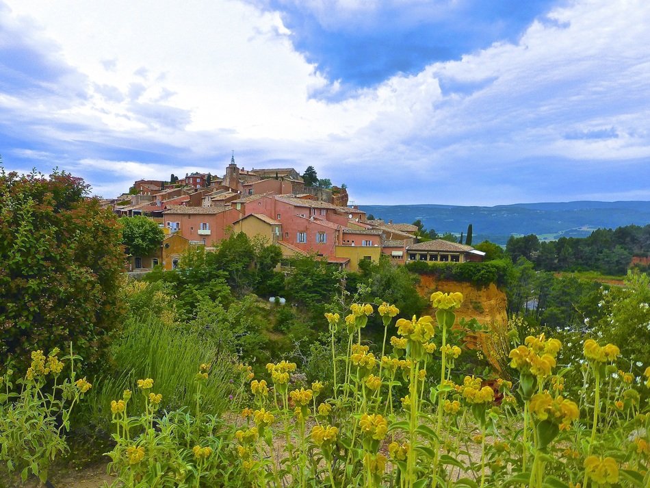 historic village in blooming valley, france, Roussillon