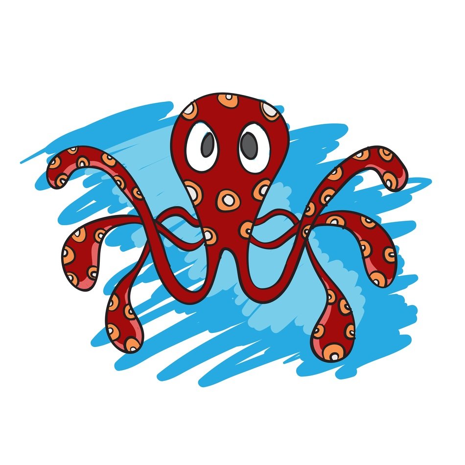 red cartoon octopus on blue sea field