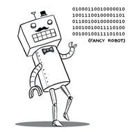 black and white picture of a robot with a square head