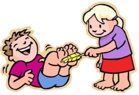 cartoon child girl Tickling feet of boy