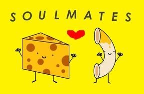 drawing of cheese and sausage on a yellow background