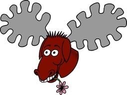 head of Cartoon Moose with flower in teeth