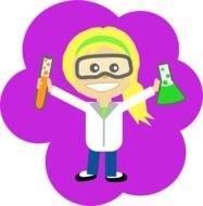 Science, cartoon Girl With Ponytail holding chemical vessels