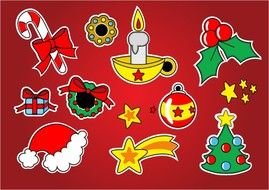Christmas attributes on the red background