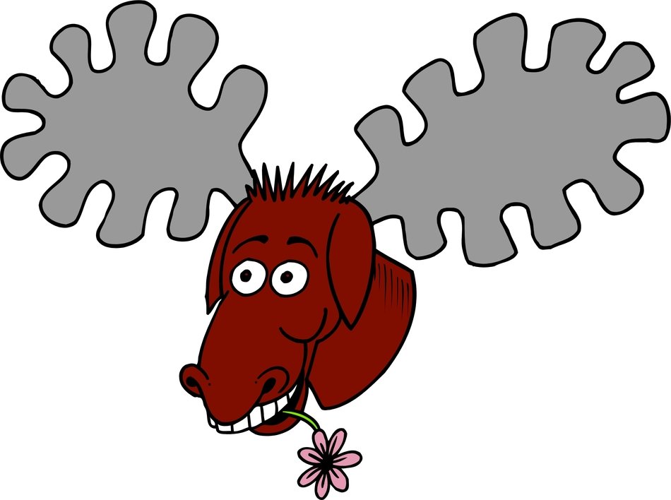 head of Cartoon Moose with flower in teeth