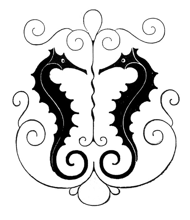 Black and white drawing of the sea horses clipart