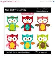 Cute Mod Owls Digital Modern Green Brown Red