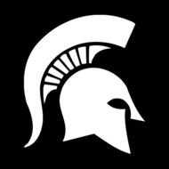 white silhouette of a Spartan helmet on a black background