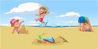 Cartoon Children playing on Summer Beach, Vector