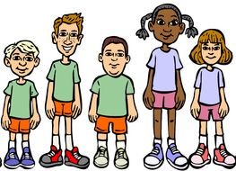 group of cartoon young people in sports clothe