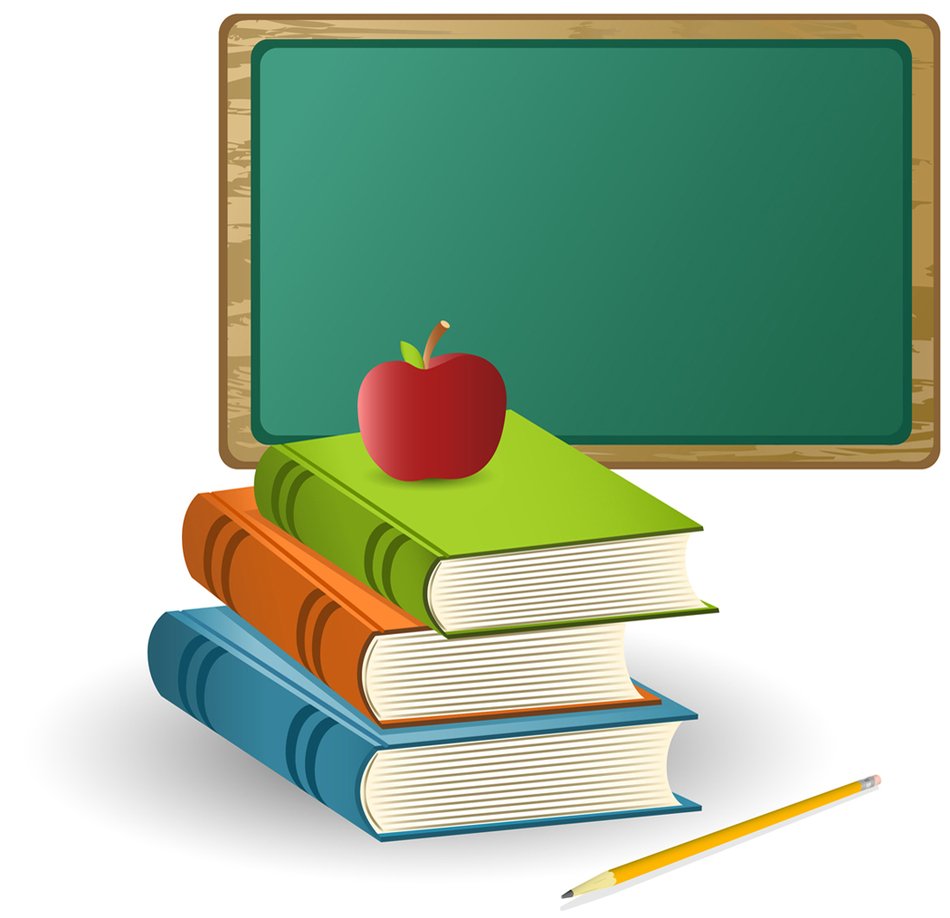 apple lies on textbooks on the background of the blackboard