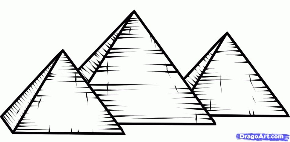 black and white drawing of pyramids