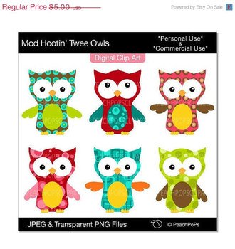 Cute Mod Owls Digital Modern Green Brown Red