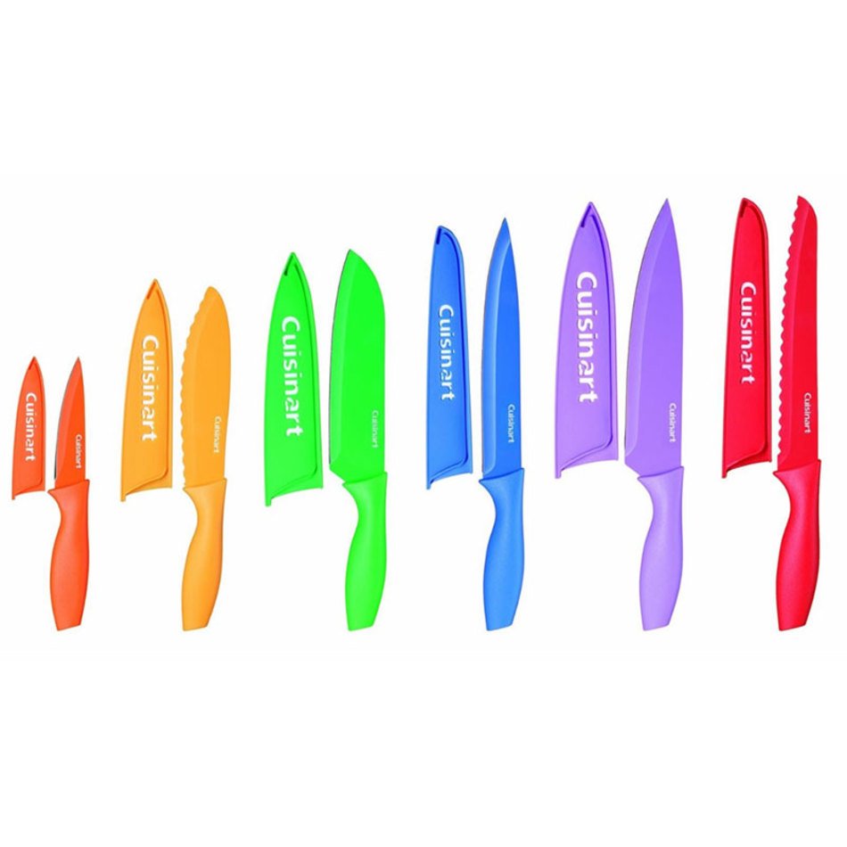 colorful kitchen knives in row
