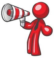 clipart of red stick figure with important announcement