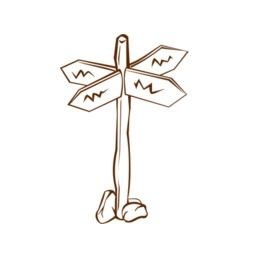 drawn wooden signpost in the mountains