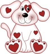 cartoon funny sitting dog with heart form spots