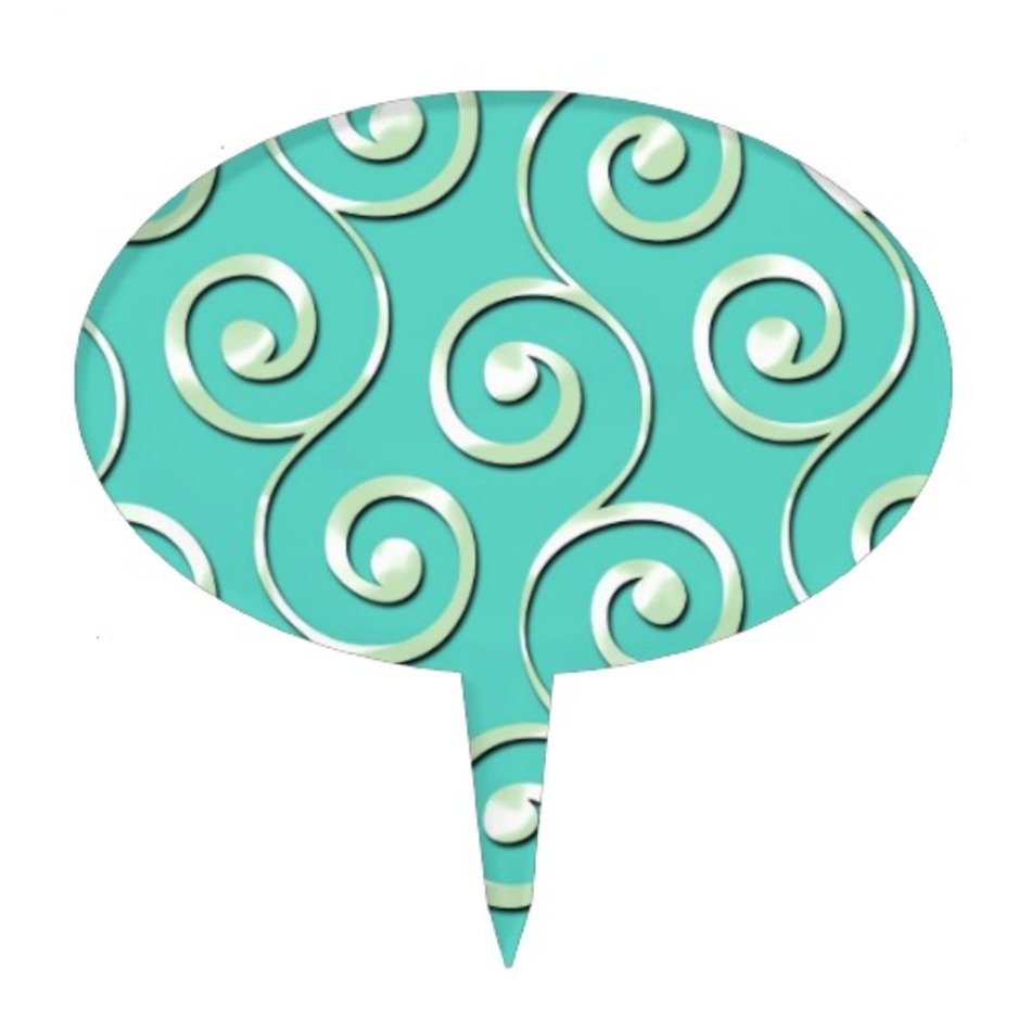 Elegant Silver Swirl Pattern On Teal Background Cake Pick