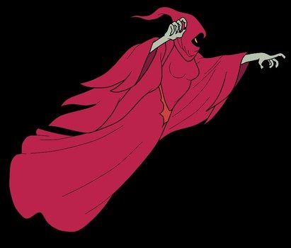 image of a witch in a pink cloak on a black background