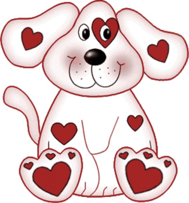 cartoon funny sitting dog with heart form spots