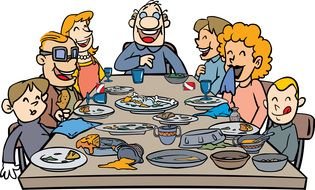 painted family is having dinner at the table