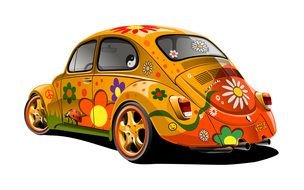 Volkswagen Beetle car with floral painting, render