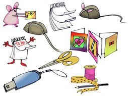mouse, calendar, pins, needles, thread, notebook and scissors drawing