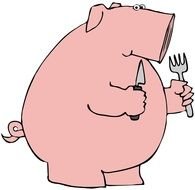 drawing of a pink pig with a fork and a knife in his hands