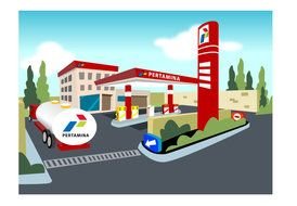 drawing of a gas station with cars
