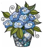 drawing of black and blue vase with blue flowers and leaves