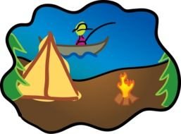 Person Fishing On A Lake Near Tent With Warm Campfire Roaring