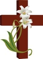 painted wooden cross and two white lilies