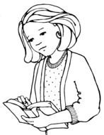 black and white drawing of a young girl with a book in her hands