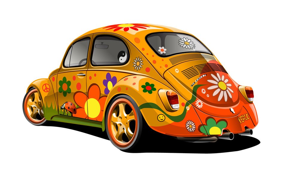 Volkswagen Beetle car with floral painting, render