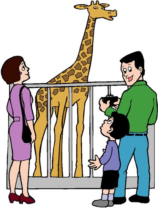 cartoon family looking at giraffe in Zoo