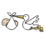 drawn stork with a baby in its beak on a white background