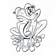 black and white drawing of a frog with his tongue hanging out