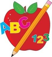pencil, apple, alphabet, numbers, white background