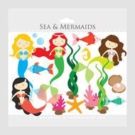 Mermaid Mermaids Little Sea Ocean Fish Seaweed clipart